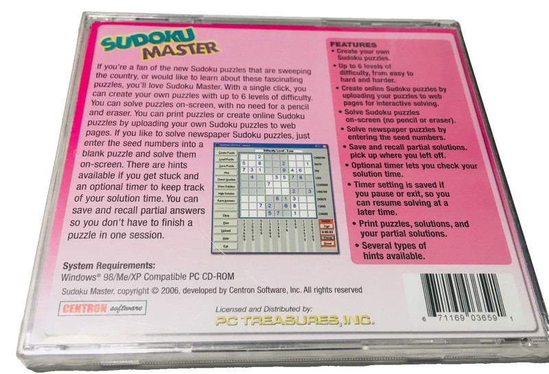 Sudoku Master PC Includes 600 Unique Puzzles Win 98/Me/XP Factory Sealed READ gallery