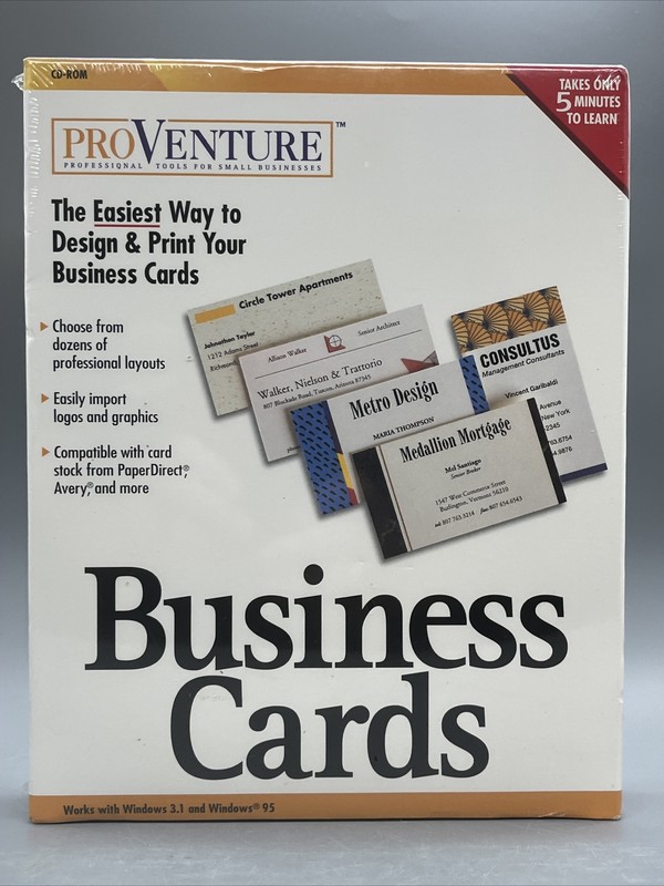 NEW ProVenture Business Cards Design Print CD Software Windows 3.1/Windows 95