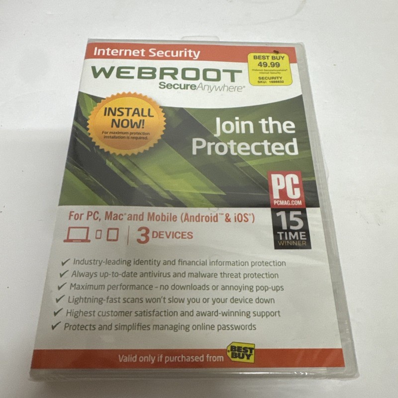 Webroot Secure Anywhere® Internet Security Plus (3 Devices) Factory Sealed