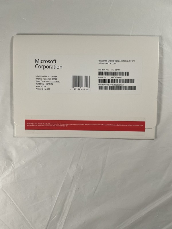 Microsoft Windows Server 2025 Standard OEM - 16 Core License with DVD/COA