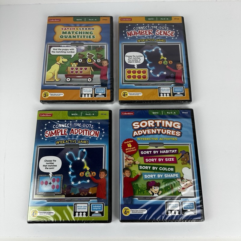 Lot of 4 Lakeshore Interactive MATH Learning Pre-K -K Games DVD s NEW!