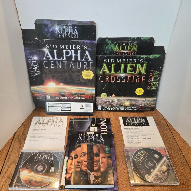 SID MEIER'S Alpha Centauri & Alien Crossfire CD Games, big box, untested