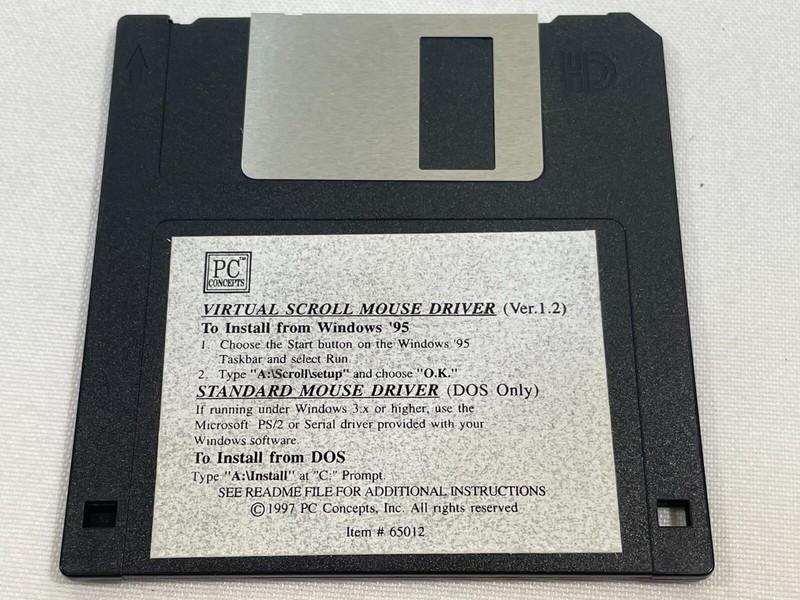 Vintage 1997 PC Concepts Virtual Scroll & Standard Mouse Driver 3.5″ Floppy Disk