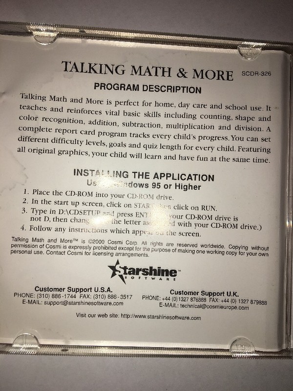 TALKING MATH & MORE 4 KIDS CD PC ROM STARSHINE SOFTWARE RARE VINTAGE gallery